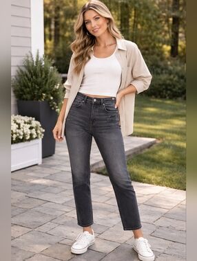 American Eagle High Rise Straight Jeans Gray Black Stretch Distressed Size 10